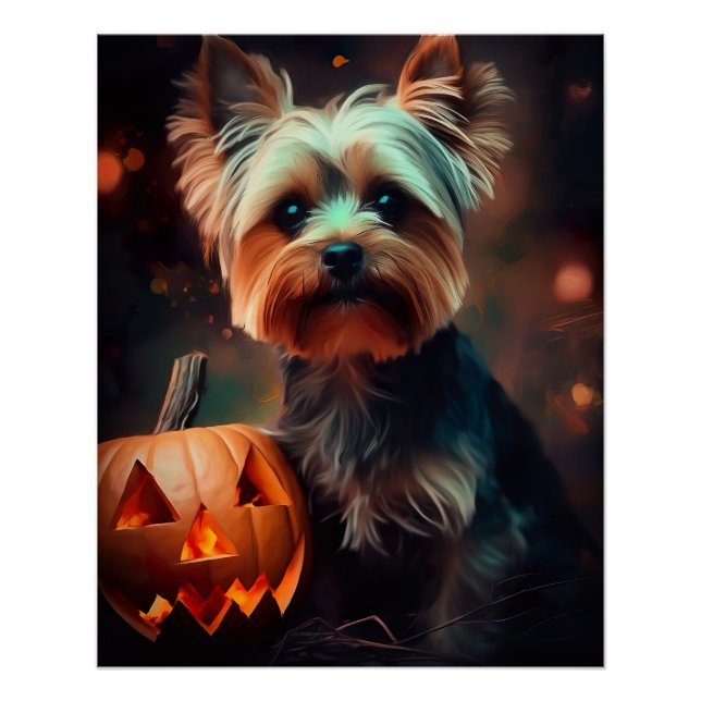 Halloween Yorkshire Terrier With Pumpkins Scary Poster (Front)