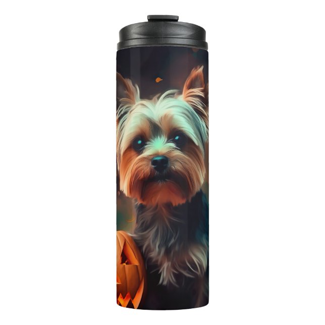 Halloween Yorkshire Terrier With Pumpkins Scary Thermal Tumbler (Front)