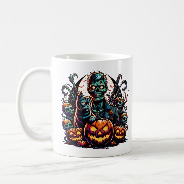 Halloween Zombie and Cat Coffee Mug (Left)