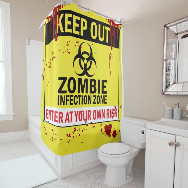 Halloween Zombie Danger Zone Keep Out Bloody Shower Curtain (In Situ)