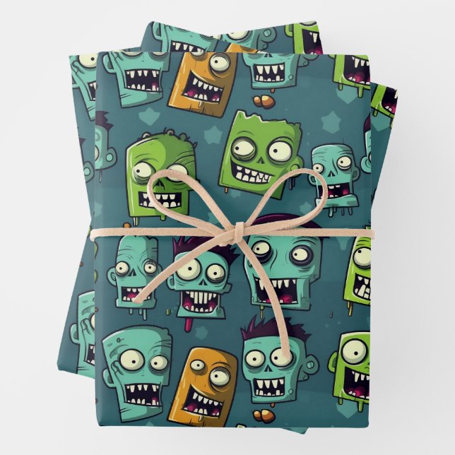 Halloween zombie design with green background wrapping paper sheets (In situ)