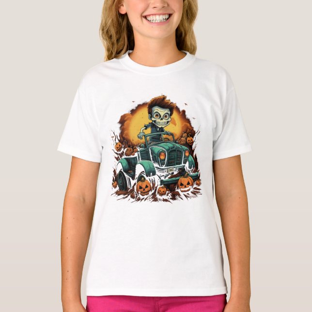 Halloween Zombie Driving Though Pumpkin Patch T-Shirt (Front)