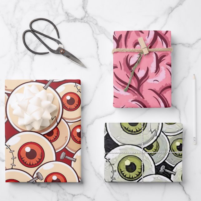 Halloween Zombie Eyes Brains Cartoon Pattern Party Wrapping Paper Sheets (Front)