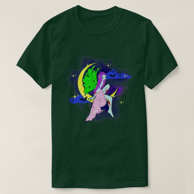 Halloween Zombie Fairy Sitting On A Moon Floating  T-Shirt (Design Front)