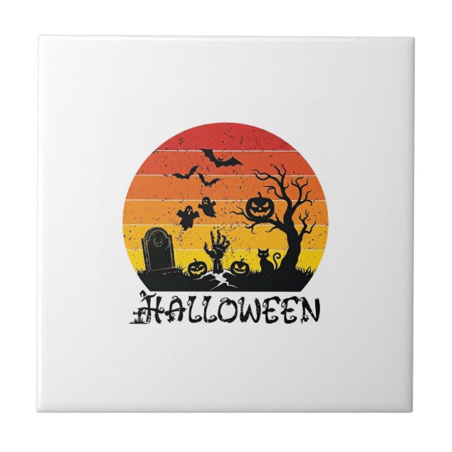 Halloween Zombie Hand Tombstone Tree Black Cat Bat Ceramic Tile (Front)