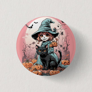 Halloween zombie witch with black cat Badge Button