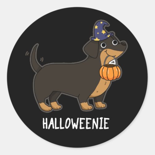 Halloweenie Funny Sausage Dog Pun Dark BG Classic Round Sticker