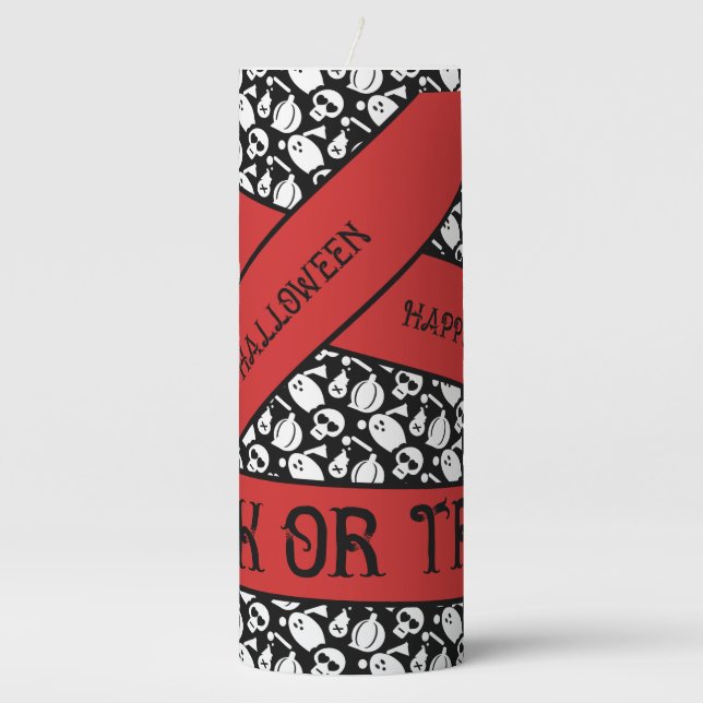 HalloweenSkull Pumpkin Black Trick Treat Red Tape Pillar Candle (Front)