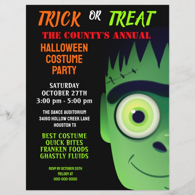 Hallowen Fankenstein Monster Costume Party Invite Flyer (Front)