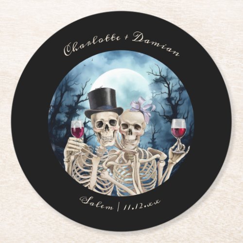 Hallowen Gothic Skulls Tarot The Lovers Wedding Round Paper Coaster