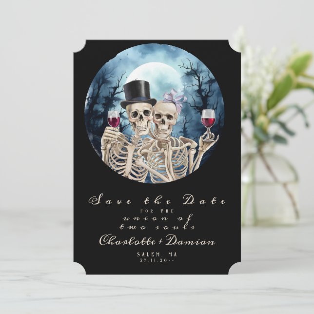 Hallowen Gothic Skulls Tarot The Lovers Wedding Save The Date (Standing Front)