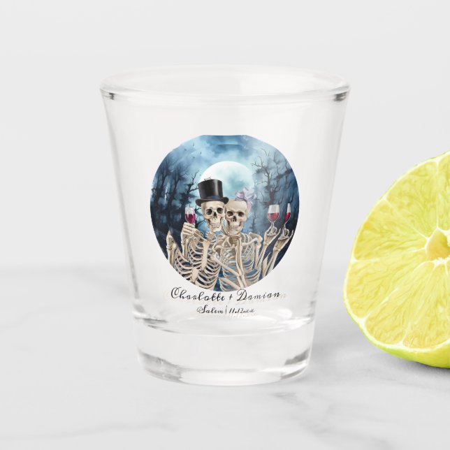Hallowen Gothic Skulls Tarot The Lovers Wedding Shot Glass (Front)