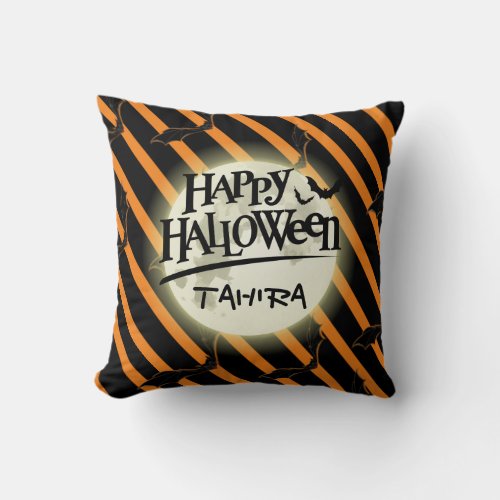 Hallowen Stripes and Bats Throw Pillow