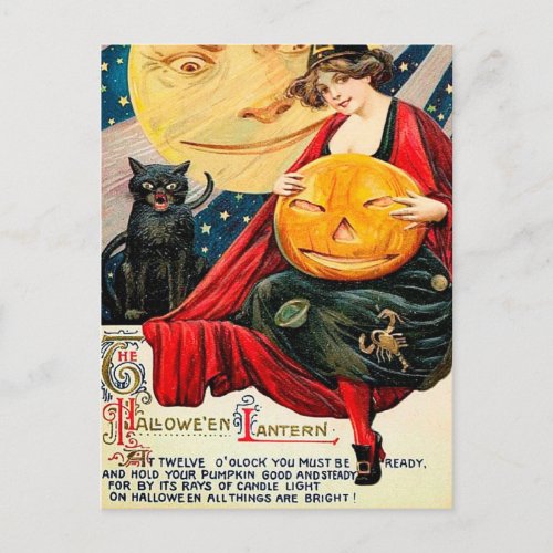 Hallowen witch pumpkin black cat Vintage postcard