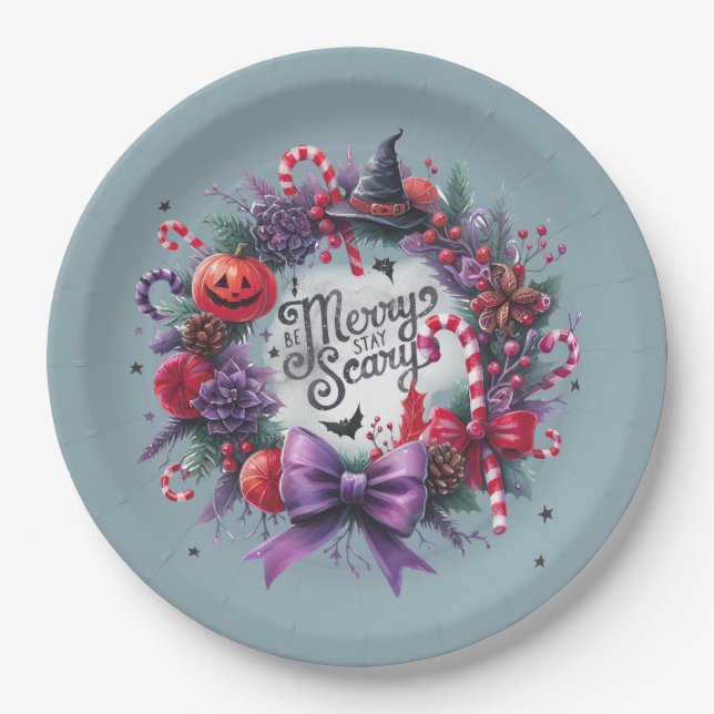 Hallowmas Wreath Merry Scary Christmas Halloween Paper Plates (Front)