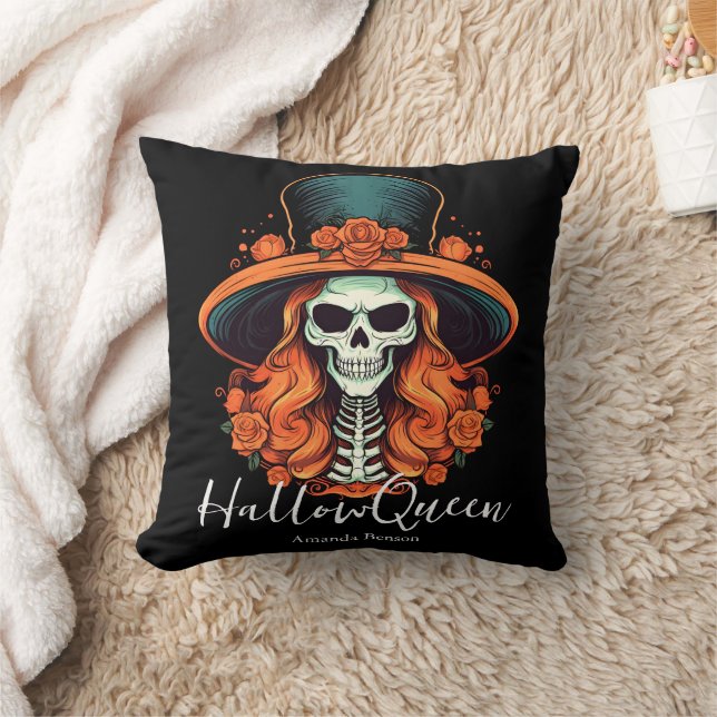 HallowQueen Skeleton Woman Halloween Throw Pillow (Blanket)