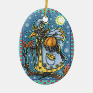 HALLOWS EVE BLACKBIRD WIZARD, HALLOWEEN RAVEN CERAMIC ORNAMENT