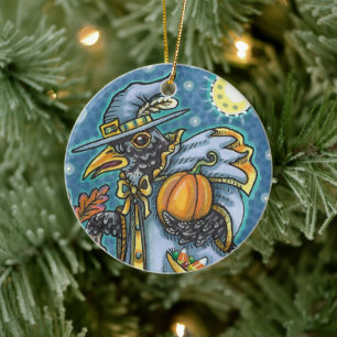 HALLOWS EVE BLACKBIRD WIZARD, HALLOWEEN RAVEN CERAMIC ORNAMENT