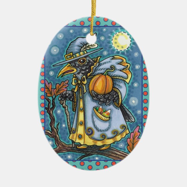 HALLOWS EVE BLACKBIRD WIZARD, HALLOWEEN RAVEN CERAMIC ORNAMENT (Front)