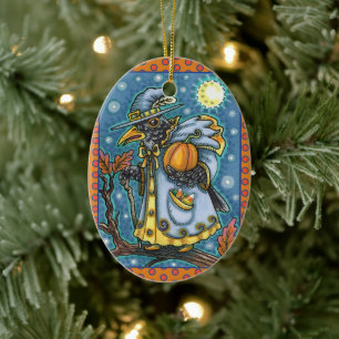 HALLOWS EVE BLACKBIRD WIZARD, HALLOWEEN RAVEN CERAMIC ORNAMENT