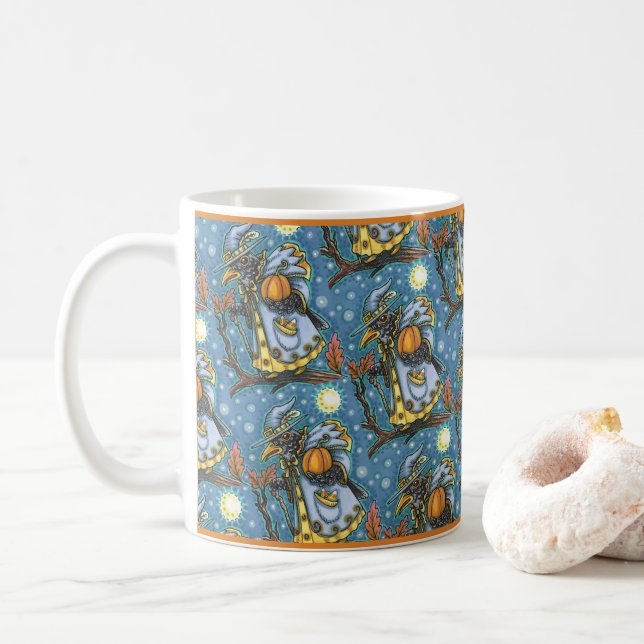 HALLOWS EVE BLACKBIRD WIZARD, HALLOWEEN RAVEN COFFEE MUG (With Donut)