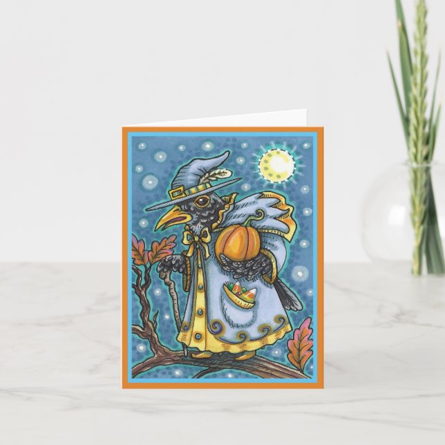 HALLOWS EVE BLACKBIRD WIZARD, HALLOWEEN RAVEN HOLIDAY CARD (Front)