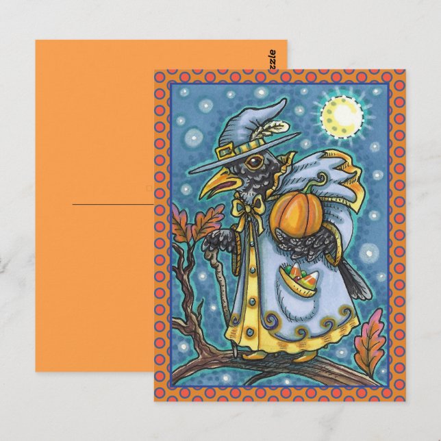 HALLOWS EVE BLACKBIRD WIZARD, HALLOWEEN RAVEN POSTCARD (Front/Back)