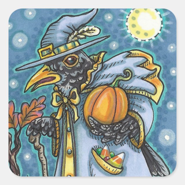 HALLOWS EVE BLACKBIRD WIZARD, HALLOWEEN RAVEN SQUARE STICKER (Front)