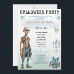 Hallowwen Birthday Party Invitation<br><div class="desc">Celebrate a child’s birthday with this spooky Halloween party invitation. Features a fun illustrated character,  bat,  spider webs,  and skull design. Fully customizable with your child’s name,  age,  date,  time,  and RSVP details.</div>