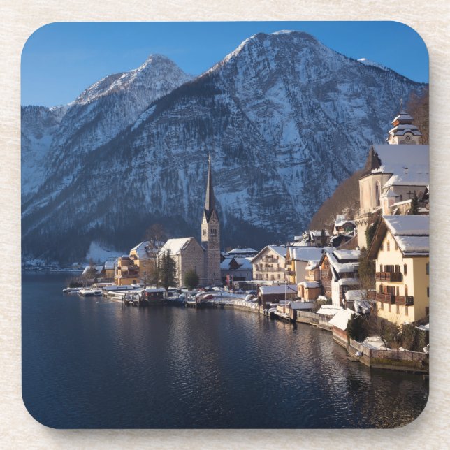Hallstatt town in the snow in winter beverage coaster (Front)