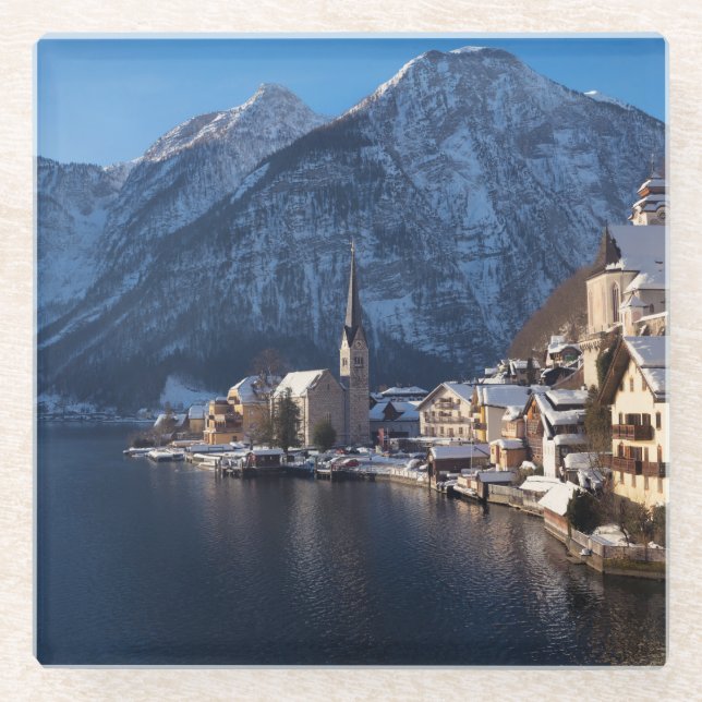 Hallstatt town in the snow in winter glass coaster (Front)