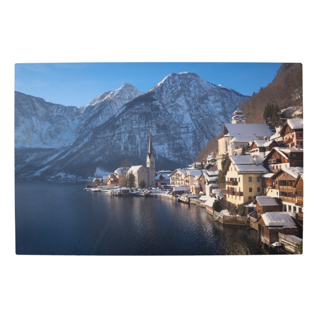 Hallstatt town in the snow in winter metal print (Front)