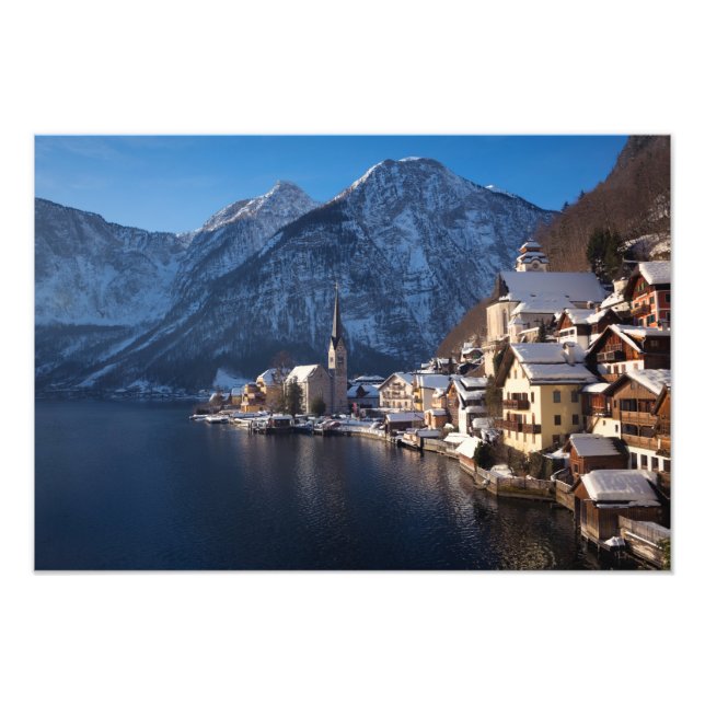 Hallstatt town in the snow in winter photo print (Front)