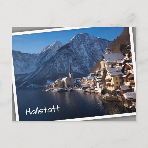 Hallstatt town in the snow in winter postcard