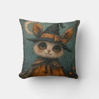 Hallwenn, adorable, spooky, bunny, wicth throw pillow