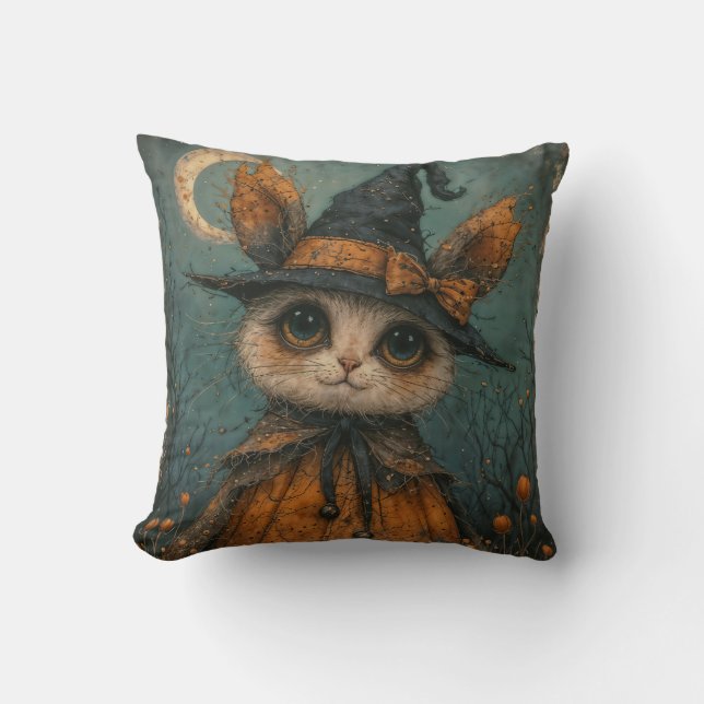 Hallwenn, adorable, spooky, bunny, wicth throw pillow (Front)