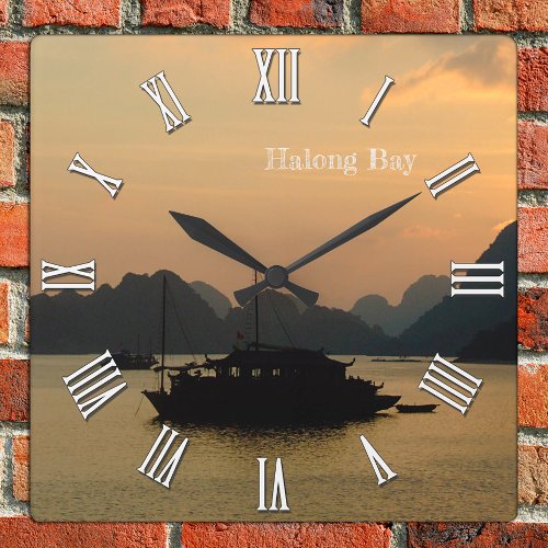 Halong Bay boats Golden Sunset Seascape Vietnam Square Wall Clock