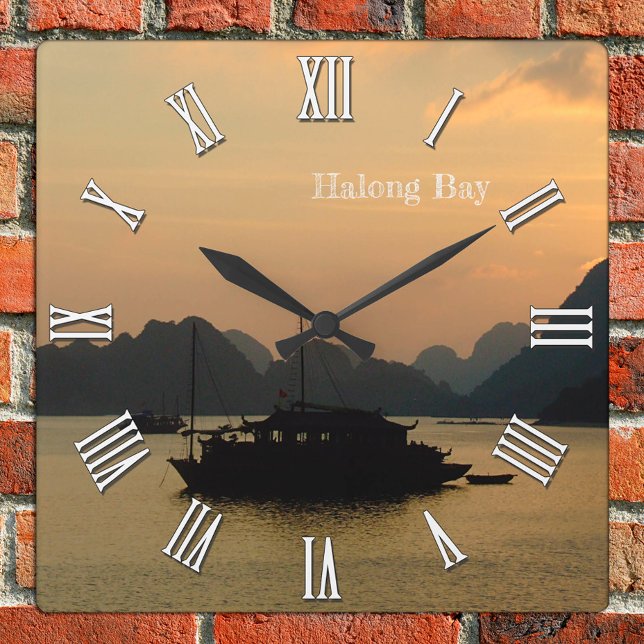 Halong Bay boats, Golden Sunset, Seascape Vietnam Square Wall Clock (Creator Uploaded)