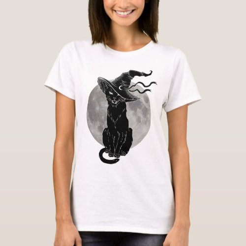 Haloween Black cat witch and moon T_Shirt