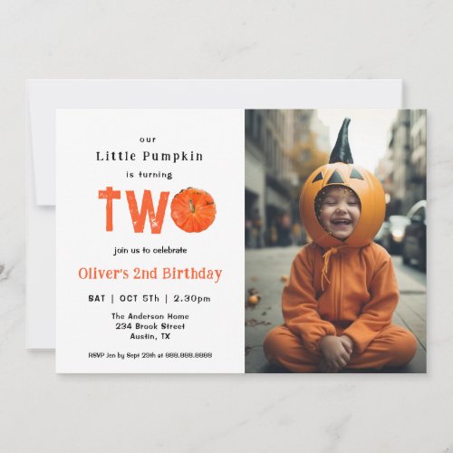 Haloween lPumpkin with photo Kids 2nd Birthday  Invitation