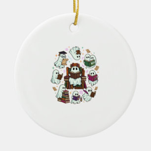 Haloween Reading Ghosts Stacked Books Floral Crown Ceramic Ornament