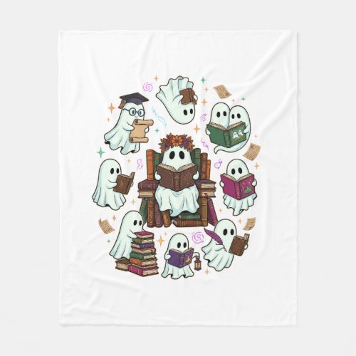 Haloween Reading Ghosts Stacked Books Floral Crown Fleece Blanket