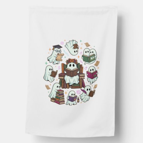 Haloween Reading Ghosts Stacked Books Floral Crown House Flag