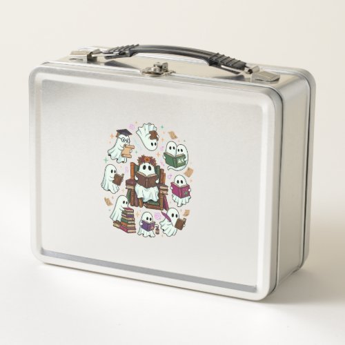 Haloween Reading Ghosts Stacked Books Floral Crown Metal Lunch Box
