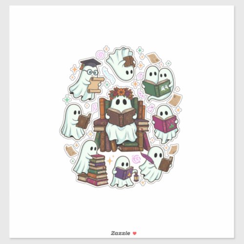 Haloween Reading Ghosts Stacked Books Floral Crown Sticker
