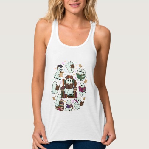 Haloween Reading Ghosts Stacked Books Floral Crown Tank Top