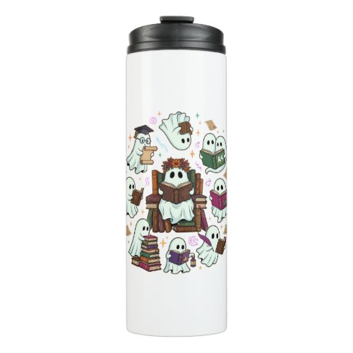 Haloween Reading Ghosts Stacked Books Floral Crown Thermal Tumbler
