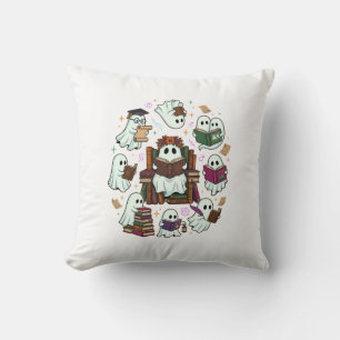 Haloween Reading Ghosts Stacked Books Floral Crown Throw Pillow