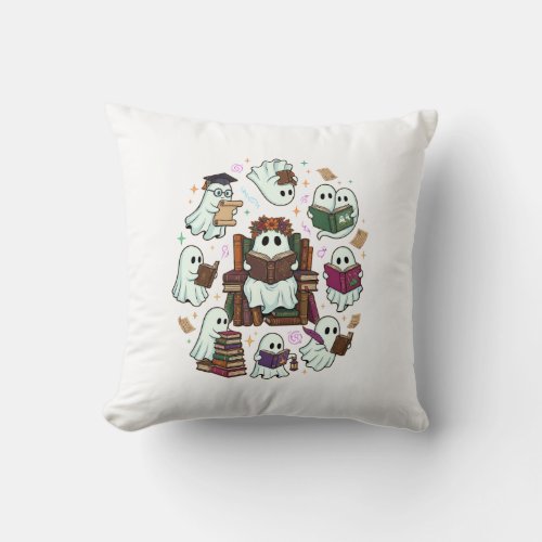 Haloween Reading Ghosts Stacked Books Floral Crown Throw Pillow