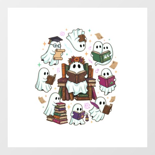 Haloween Reading Ghosts Stacked Books Floral Crown Window Cling